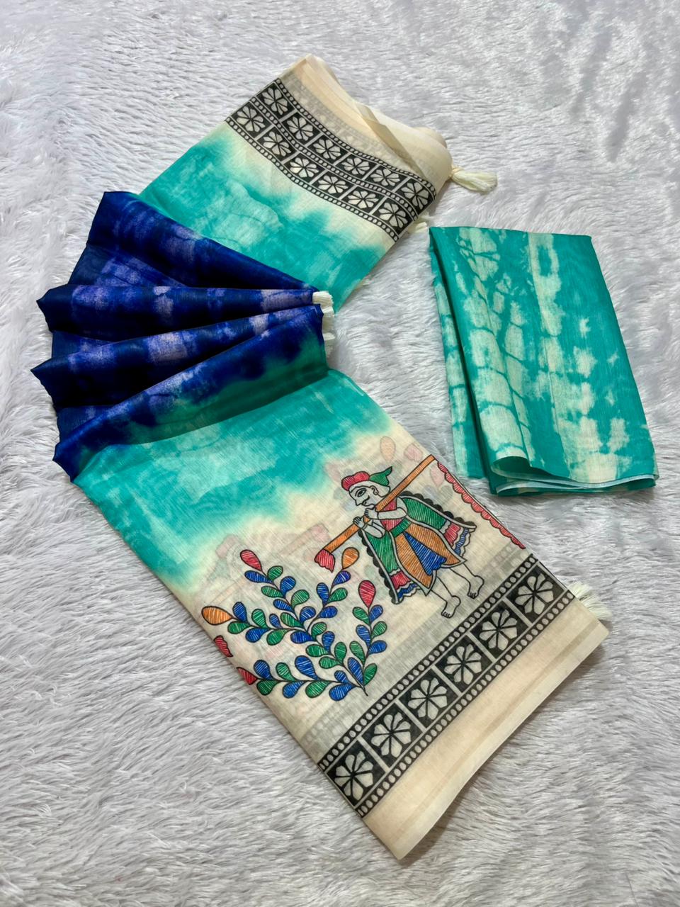 Matsya Soft Chanderi Cotton Saree – Aqua Blue Shibori Madhubani Digital Print