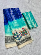 Matsya Soft Chanderi Cotton Saree – Aqua Blue Shibori Madhubani Digital Print