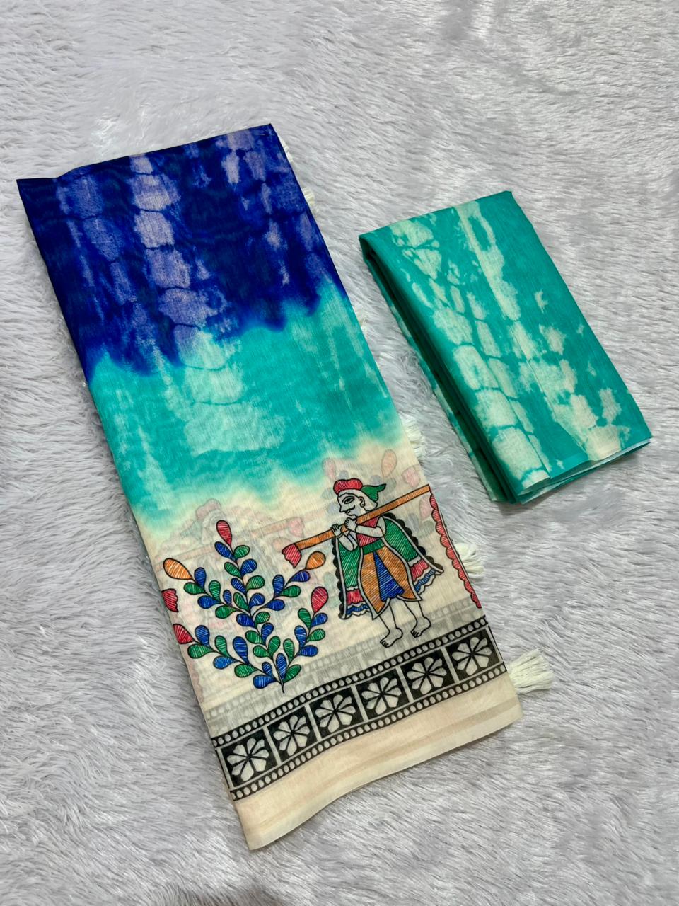 Matsya Soft Chanderi Cotton Saree – Aqua Blue Shibori Madhubani Digital Print