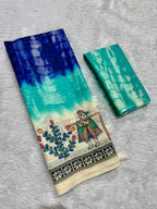 Matsya Soft Chanderi Cotton Saree – Aqua Blue Shibori Madhubani Digital Print