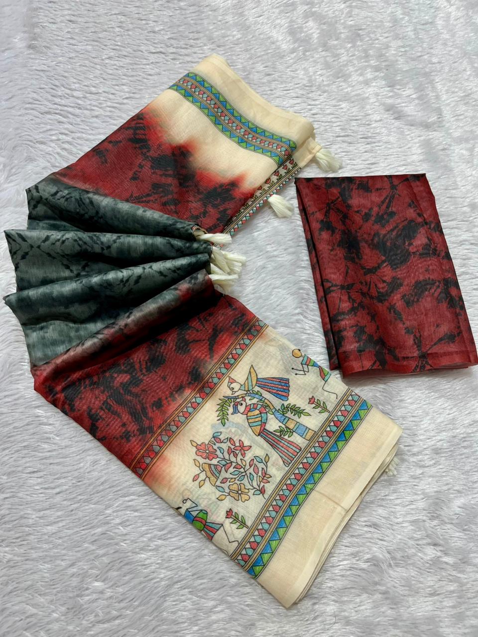 Matsya Soft Chanderi Cotton Saree – Grey Red Shibori Madhubani Digital Print