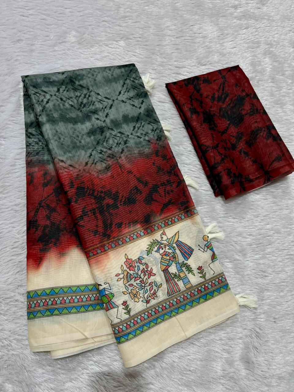 Matsya Soft Chanderi Cotton Saree – Grey Red Shibori Madhubani Digital Print