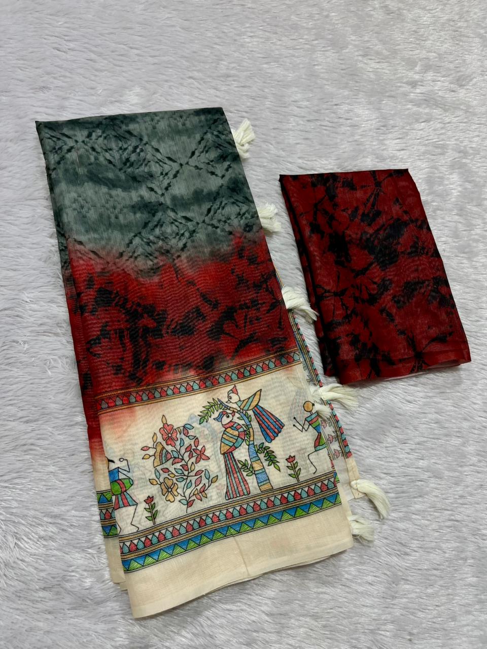 Matsya Soft Chanderi Cotton Saree – Grey Red Shibori Madhubani Digital Print