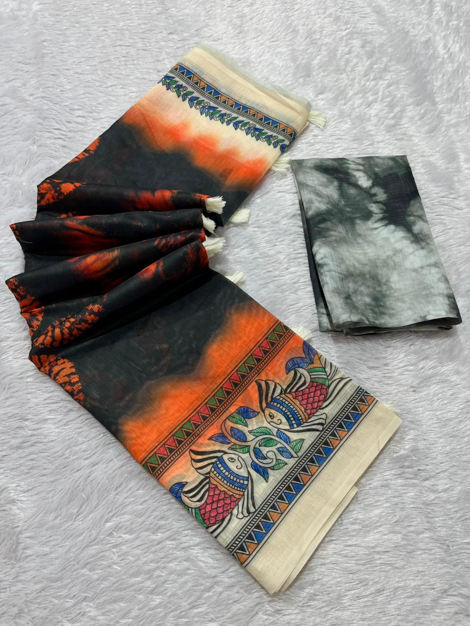 Matsya Soft Chanderi Cotton Saree – Black Orange Shibori Madhubani Digital Print