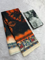 Matsya Soft Chanderi Cotton Saree – Black Orange Shibori Madhubani Digital Print