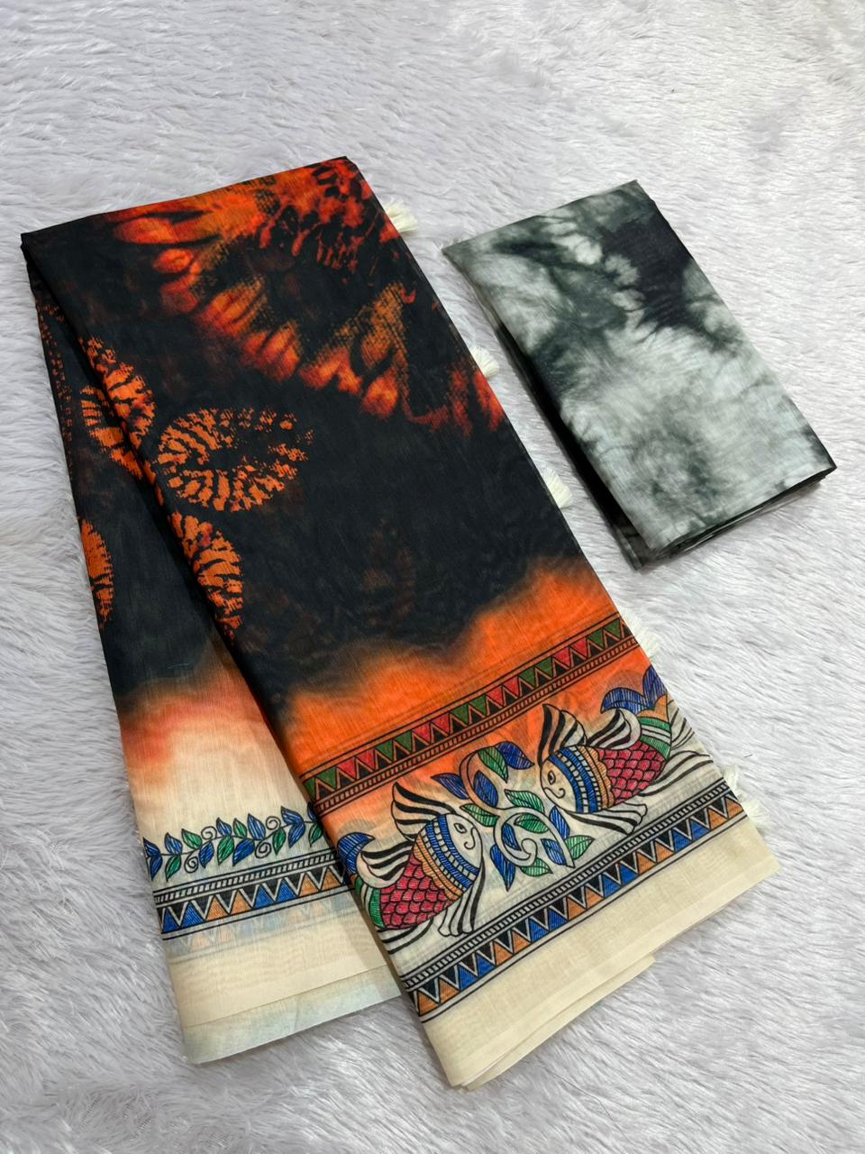 Matsya Soft Chanderi Cotton Saree – Black Orange Shibori Madhubani Digital Print