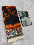 Matsya Soft Chanderi Cotton Saree – Black Orange Shibori Madhubani Digital Print
