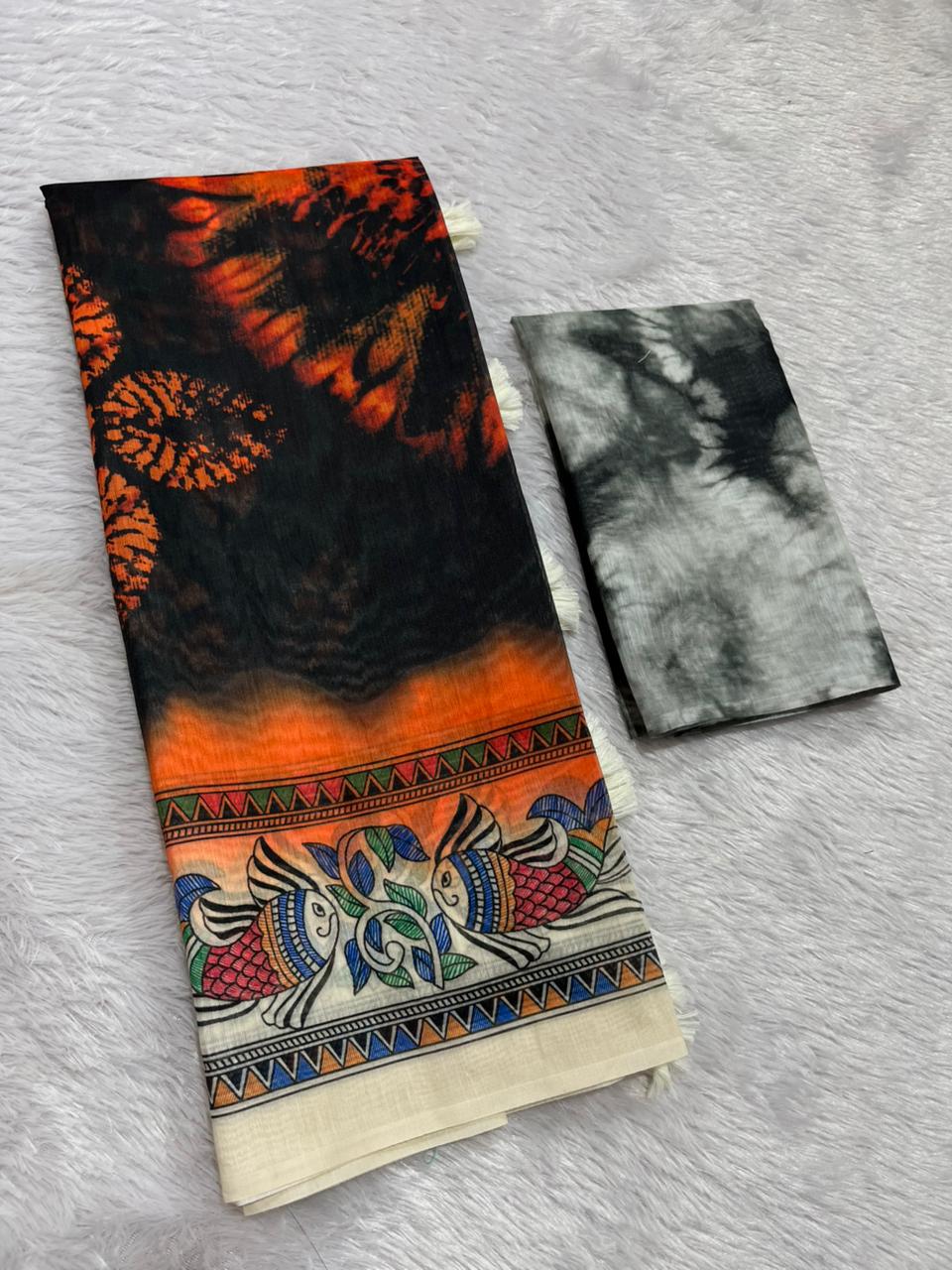 Matsya Soft Chanderi Cotton Saree – Black Orange Shibori Madhubani Digital Print