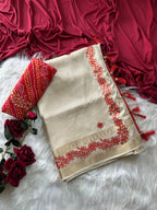 Ruhaniya Tussar Silk Saree – Cream Red Gotta Patti & Zari Bentex Border Work