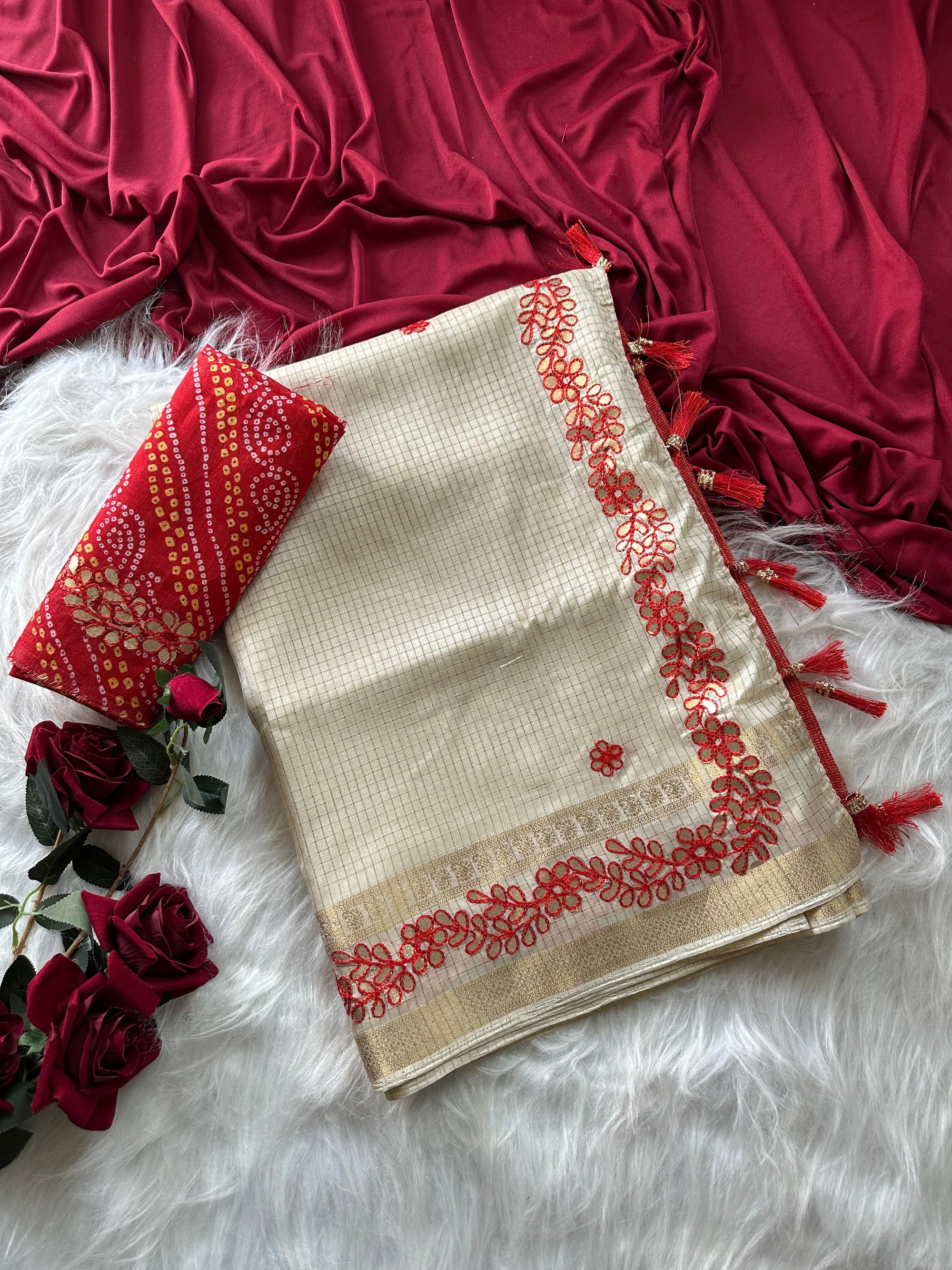 Ruhaniya Tussar Silk Saree – Cream Red Gotta Patti & Zari Bentex Border Work