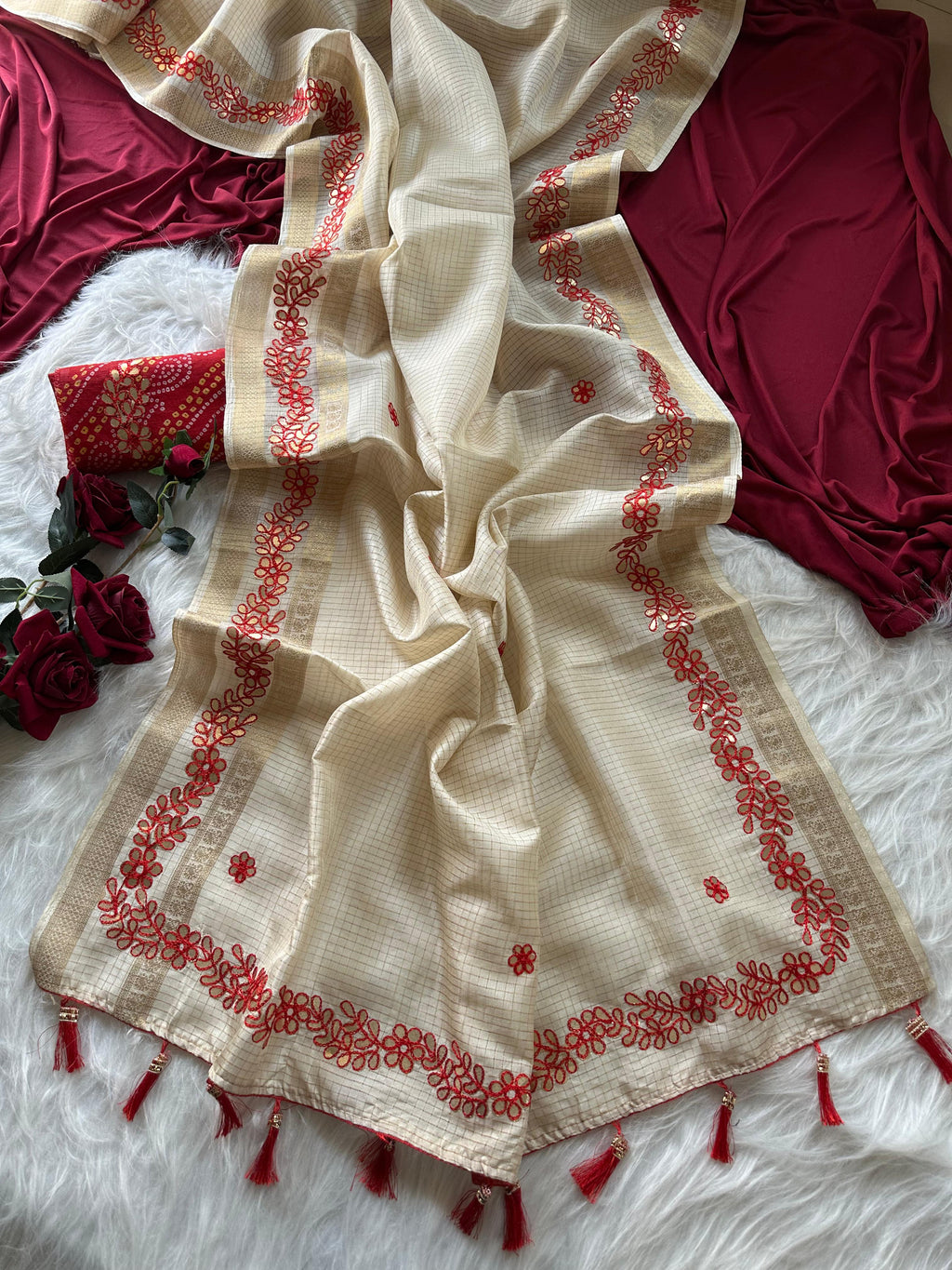 Ruhaniya Tussar Silk Saree – Cream Red Gotta Patti & Zari Bentex Border Work