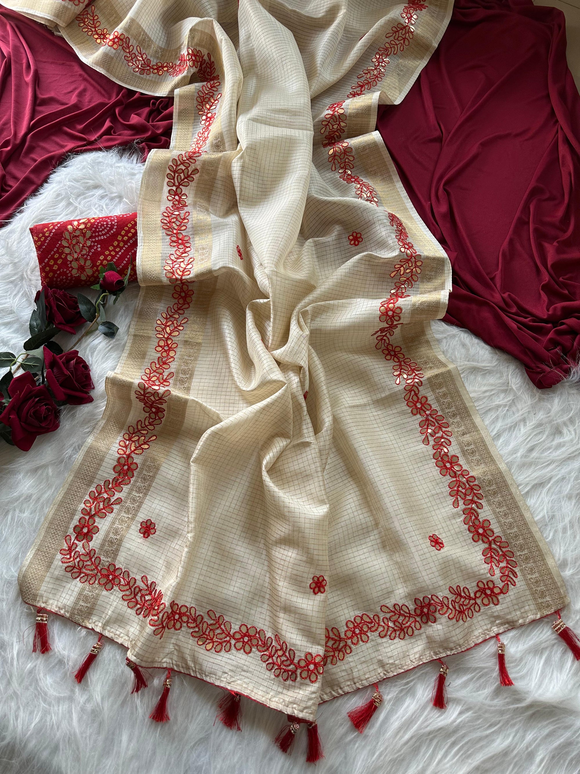 Ruhaniya Tussar Silk Saree – Cream Red Gotta Patti & Zari Bentex Border Work