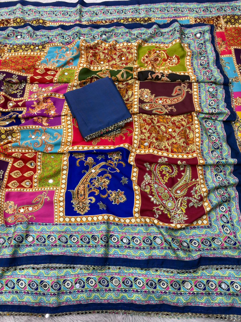 Rangrezza Crepe Silk Saree – Royal Blue Multicolor Heritage Digital Print with Mirror Work