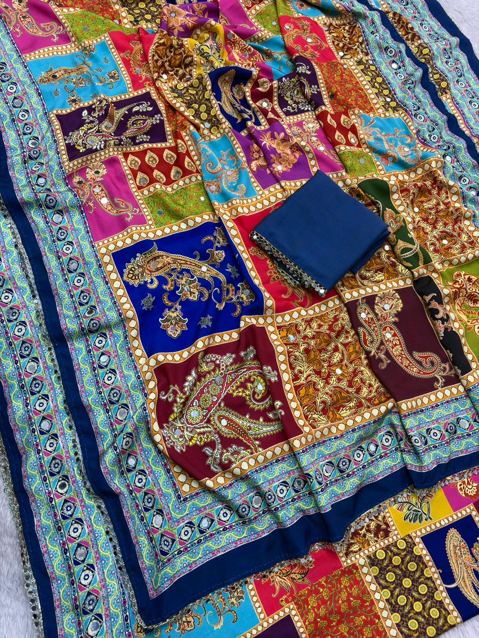 Rangrezza Crepe Silk Saree – Royal Blue Multicolor Heritage Digital Print with Mirror Work