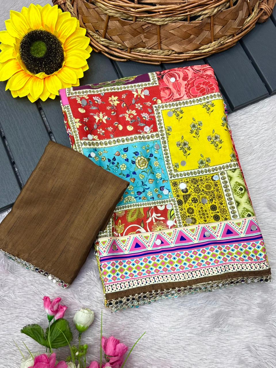 Rangrezza Crepe Silk Saree – Multicolor Heritage Patchwork Digital Print with Mirror Work