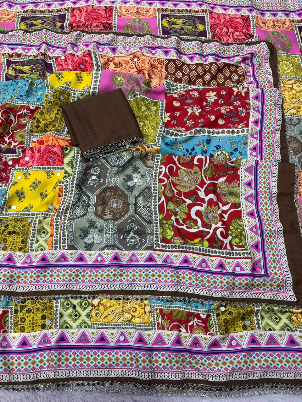 Rangrezza Crepe Silk Saree – Multicolor Heritage Patchwork Digital Print with Mirror Work