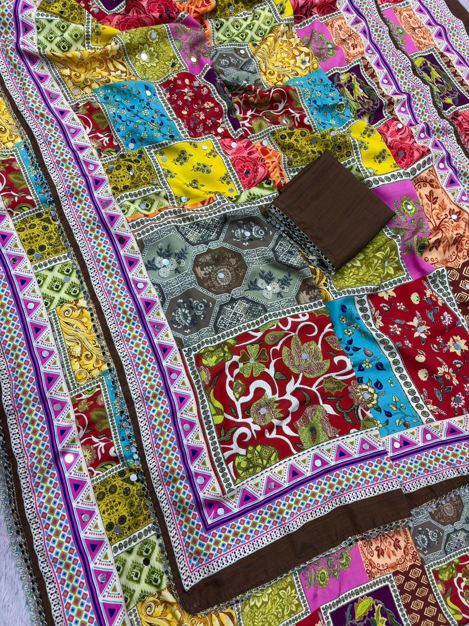 Rangrezza Crepe Silk Saree – Multicolor Heritage Patchwork Digital Print with Mirror Work