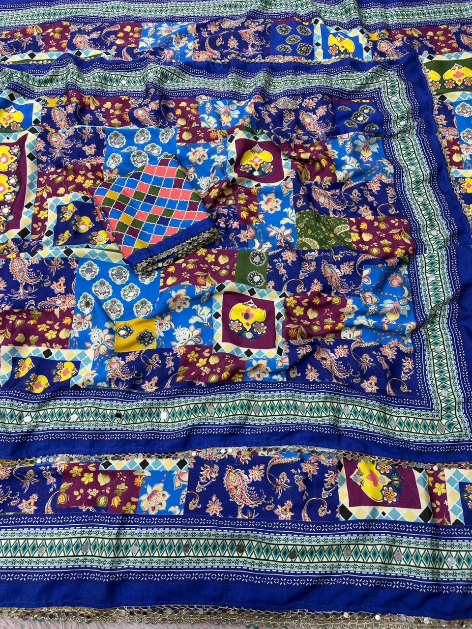 Rangrezza Crepe Silk Saree – Royal Blue Multicolor Heritage Patchwork Digital Print with Mirror Work