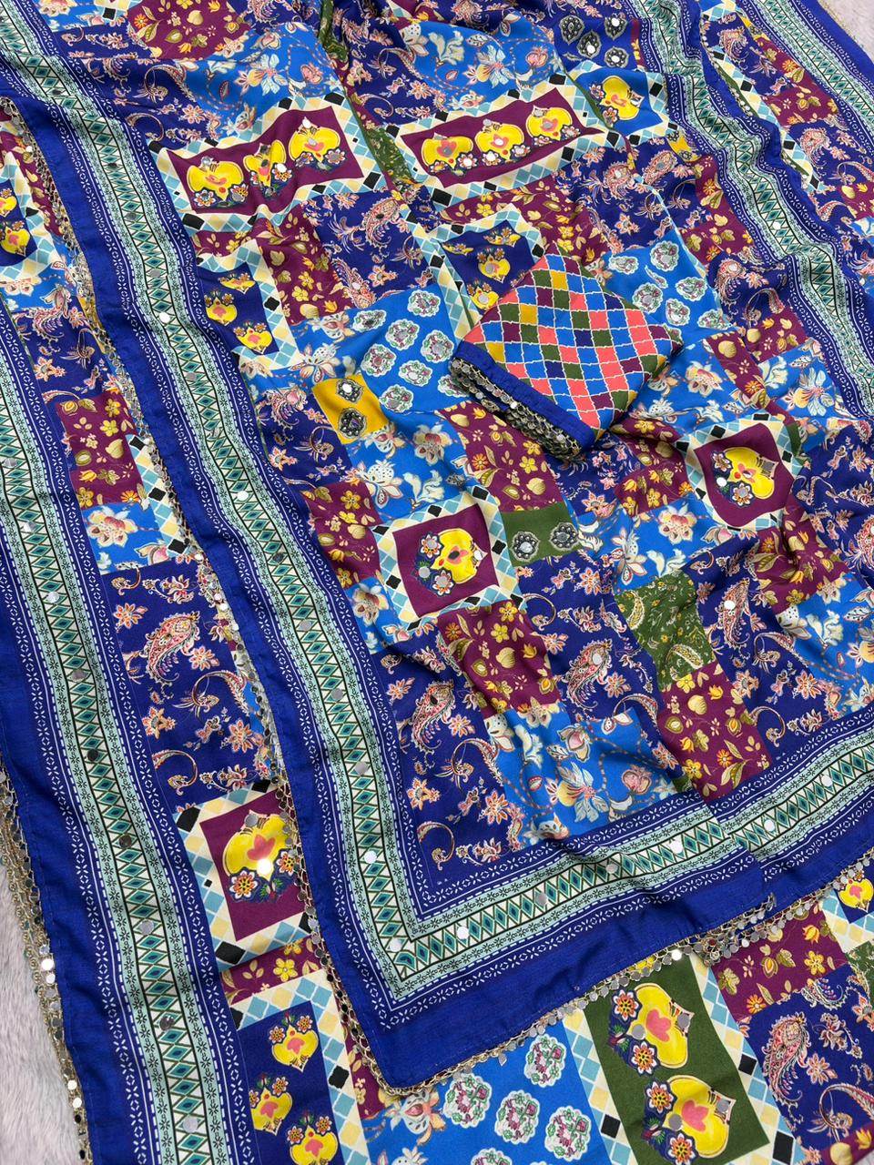 Rangrezza Crepe Silk Saree – Royal Blue Multicolor Heritage Patchwork Digital Print with Mirror Work