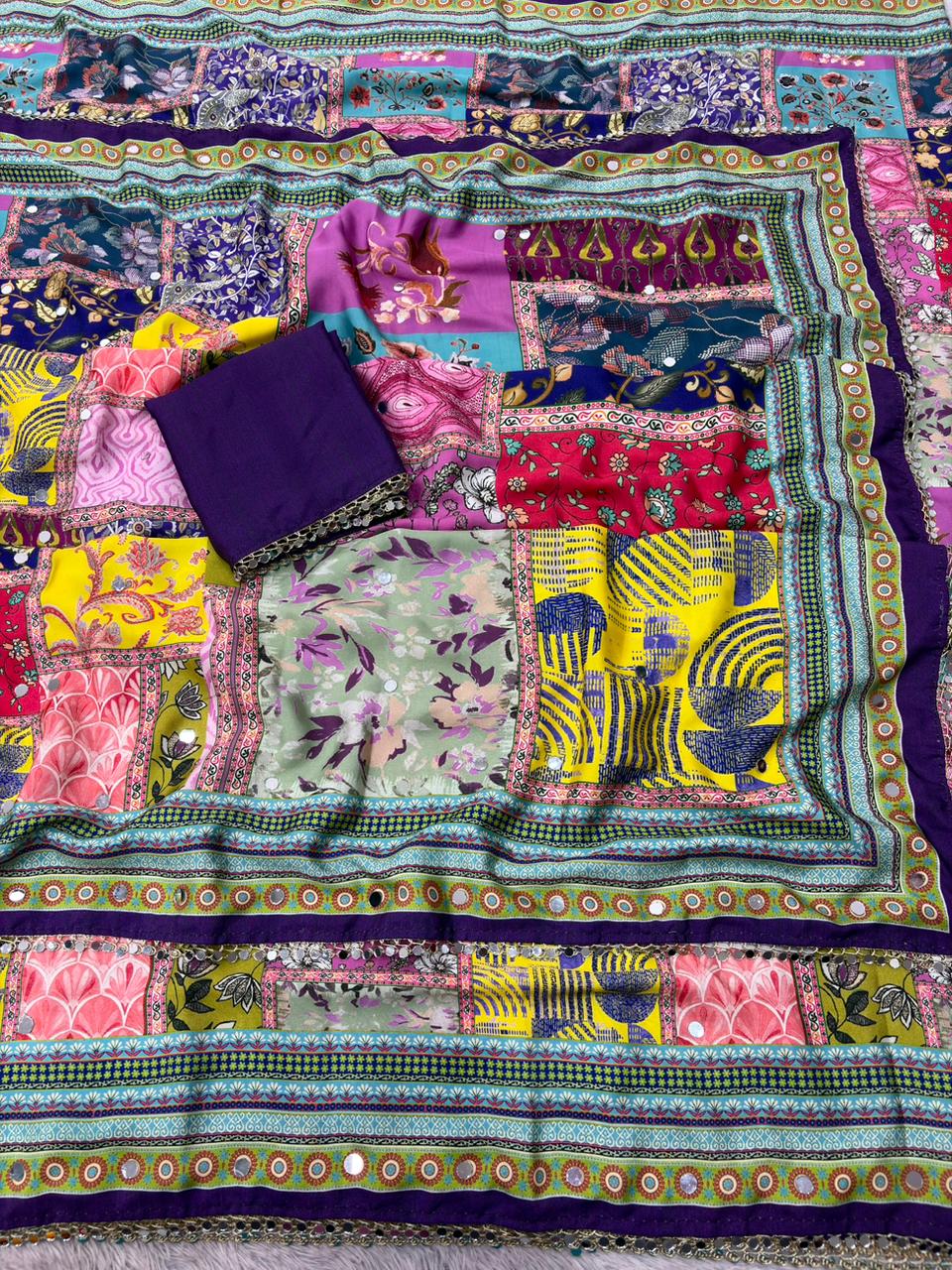 Rangrezza Crepe Silk Saree – Purple Multicolor Heritage Patchwork Digital Print with Mirror Work