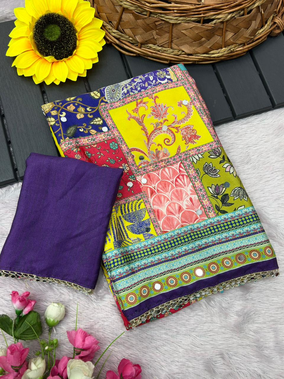Rangrezza Crepe Silk Saree – Purple Multicolor Heritage Patchwork Digital Print with Mirror Work