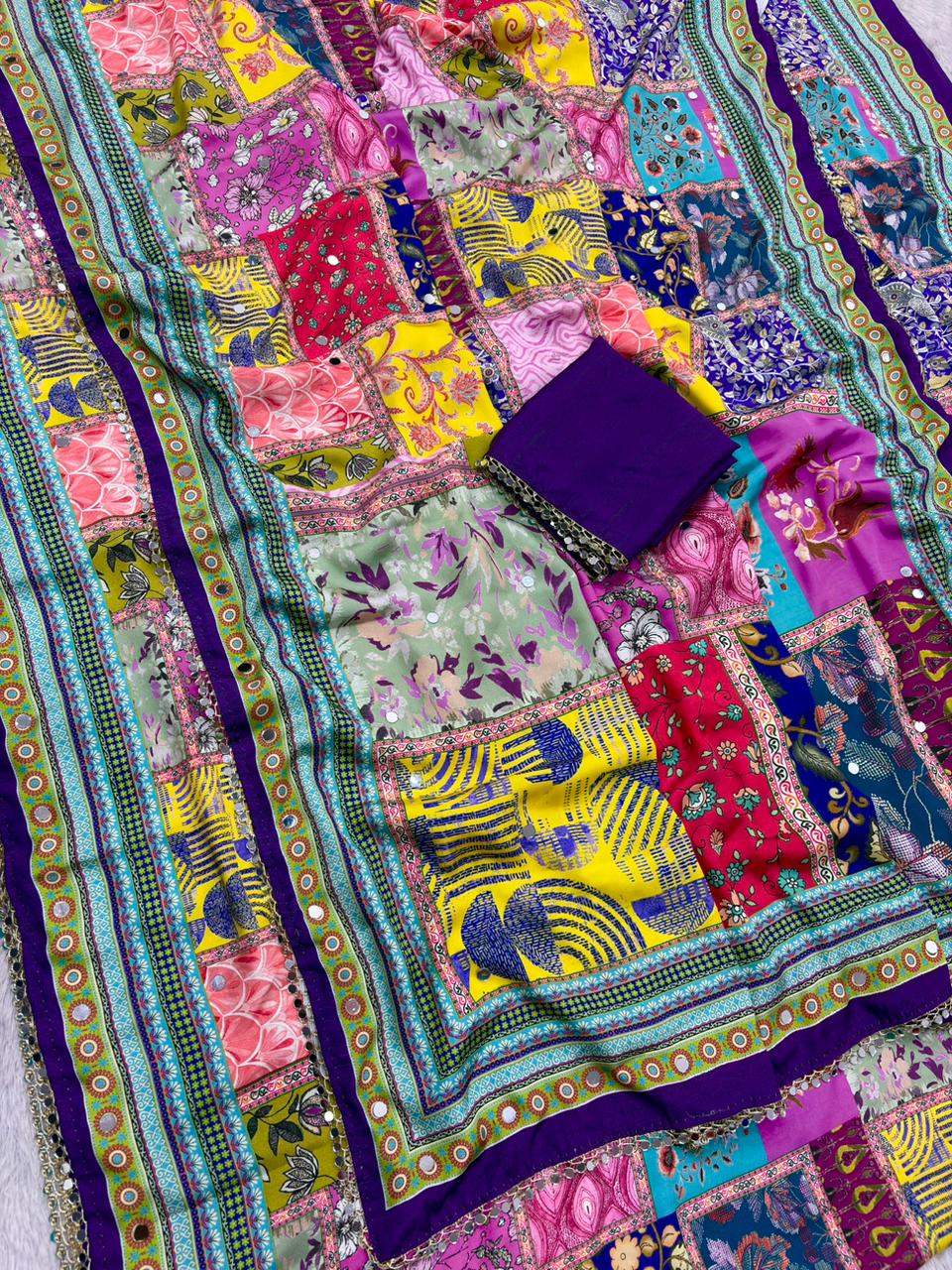 Rangrezza Crepe Silk Saree – Purple Multicolor Heritage Patchwork Digital Print with Mirror Work