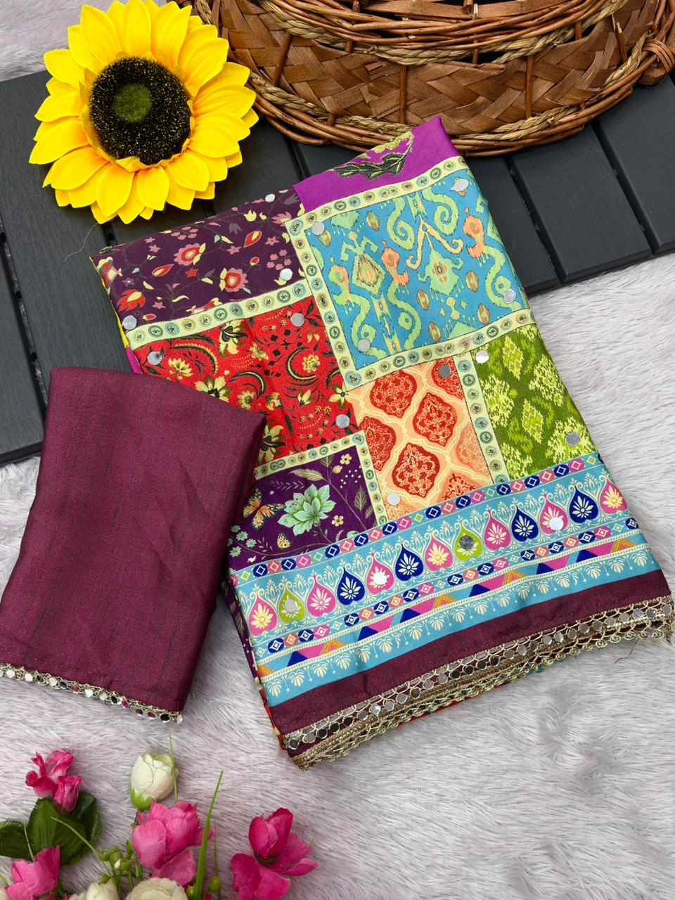 Rangrezza Crepe Silk Saree – Wine Purple Multicolor Heritage Patchwork Digital Print with Mirror Work