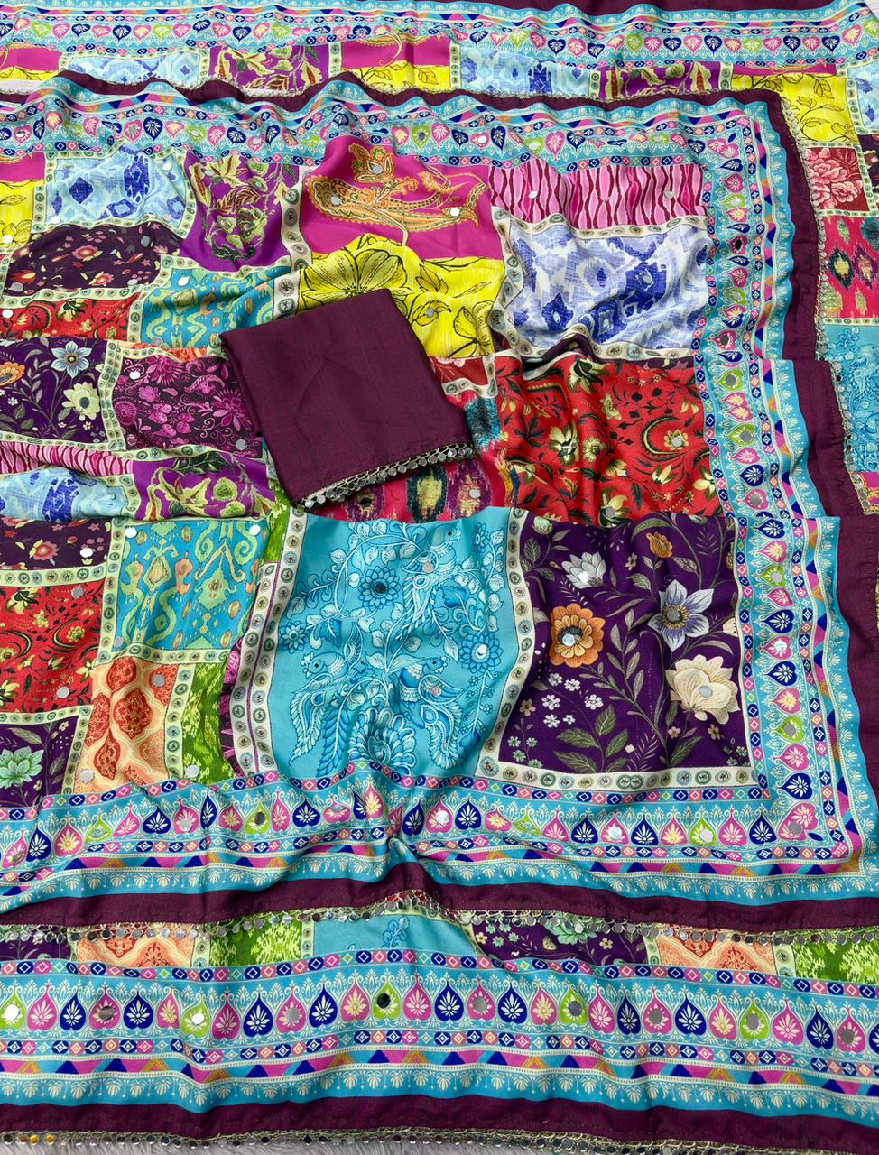 Rangrezza Crepe Silk Saree – Wine Purple Multicolor Heritage Patchwork Digital Print with Mirror Work