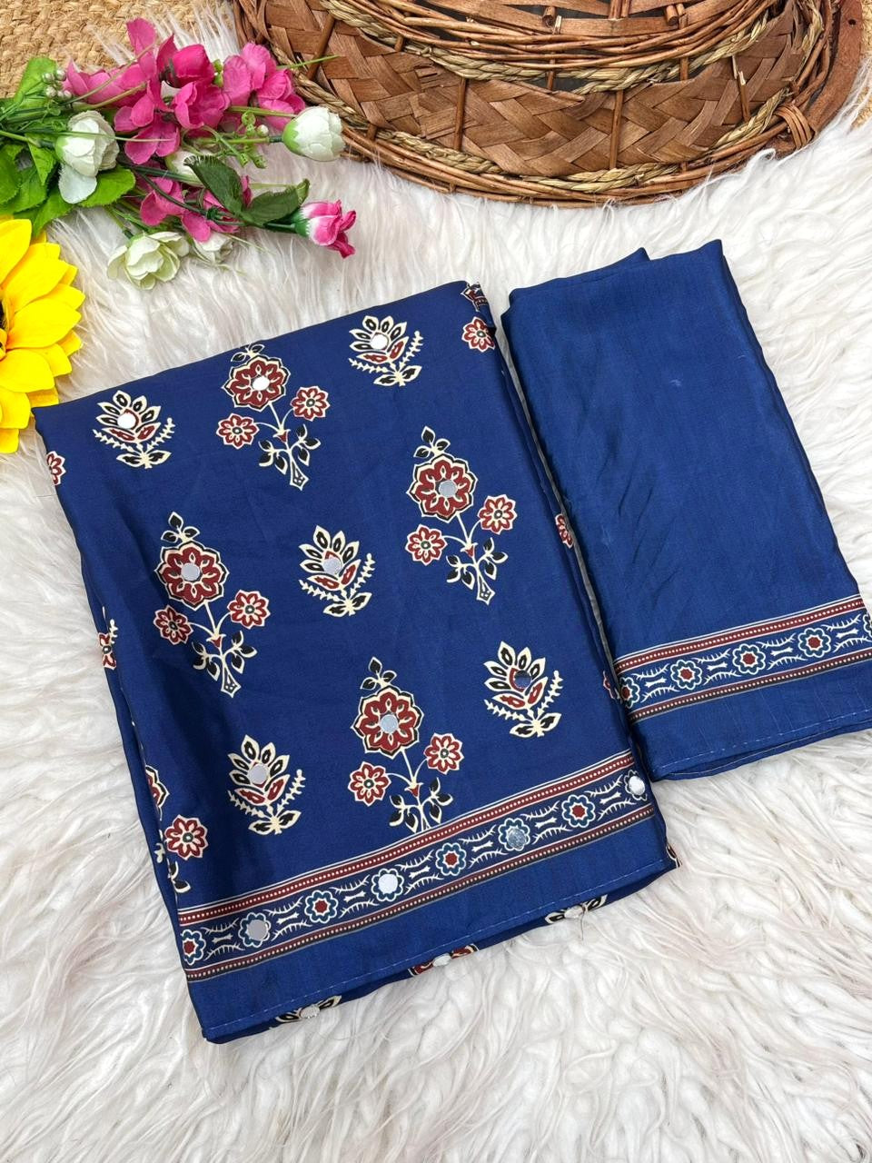 Ajrika Crepe Silk Saree – Navy Blue Ajrakh Digital Print with Mirror Work