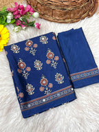 Ajrika Crepe Silk Saree – Navy Blue Ajrakh Digital Print with Mirror Work