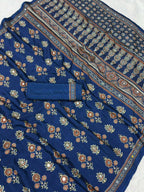 Ajrika Crepe Silk Saree – Navy Blue Ajrakh Digital Print with Mirror Work