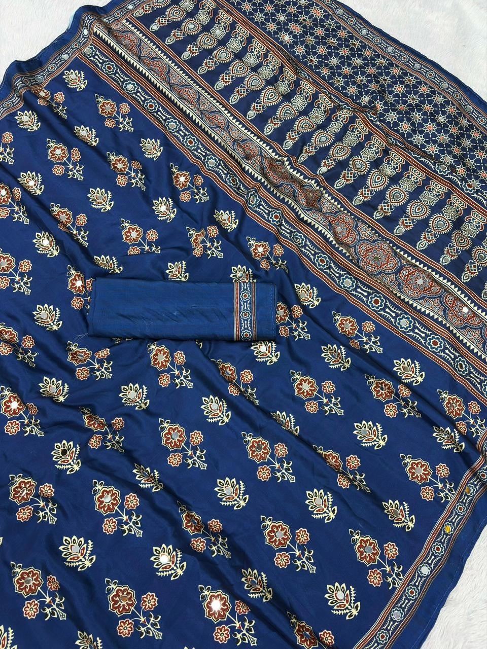 Ajrika Crepe Silk Saree – Navy Blue Ajrakh Digital Print with Mirror Work
