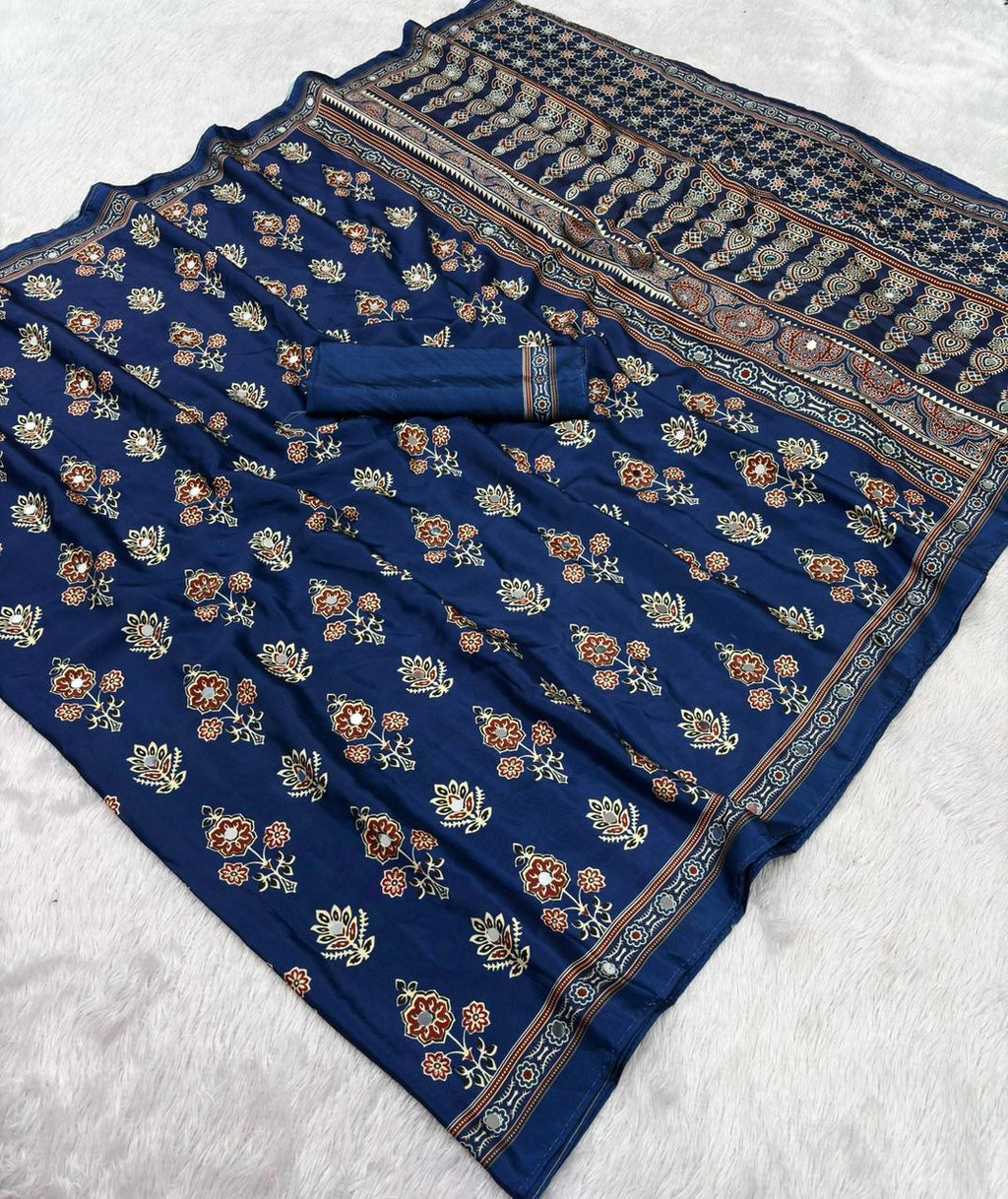 Ajrika Crepe Silk Saree – Navy Blue Ajrakh Digital Print with Mirror Work