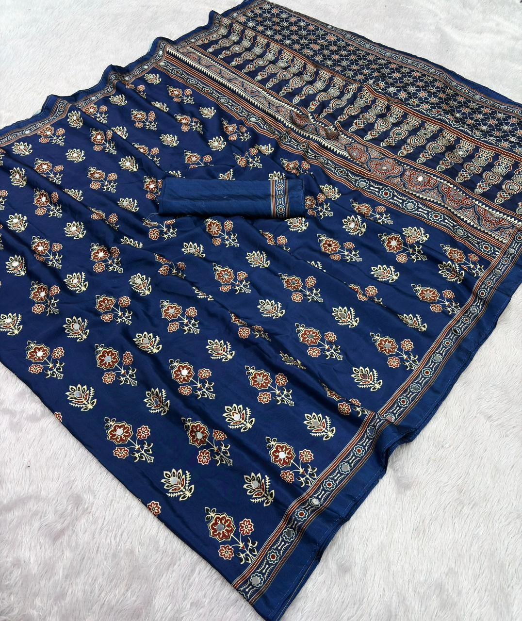 Ajrika Crepe Silk Saree – Navy Blue Ajrakh Digital Print with Mirror Work