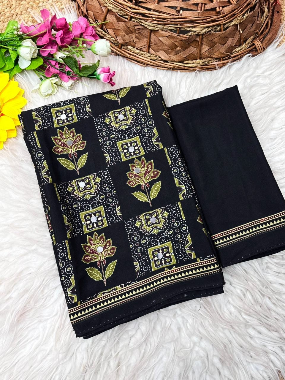 Ajrika Crepe Silk Saree – Black Ajrakh Digital Print with Mirror Work