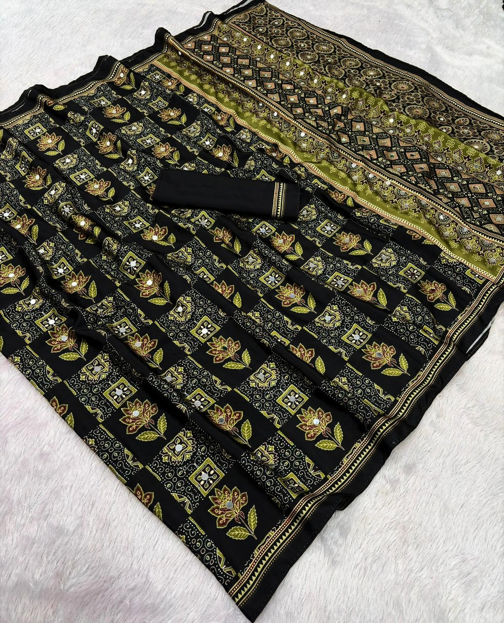 Ajrika Crepe Silk Saree – Black Ajrakh Digital Print with Mirror Work