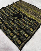 Ajrika Crepe Silk Saree – Black Ajrakh Digital Print with Mirror Work