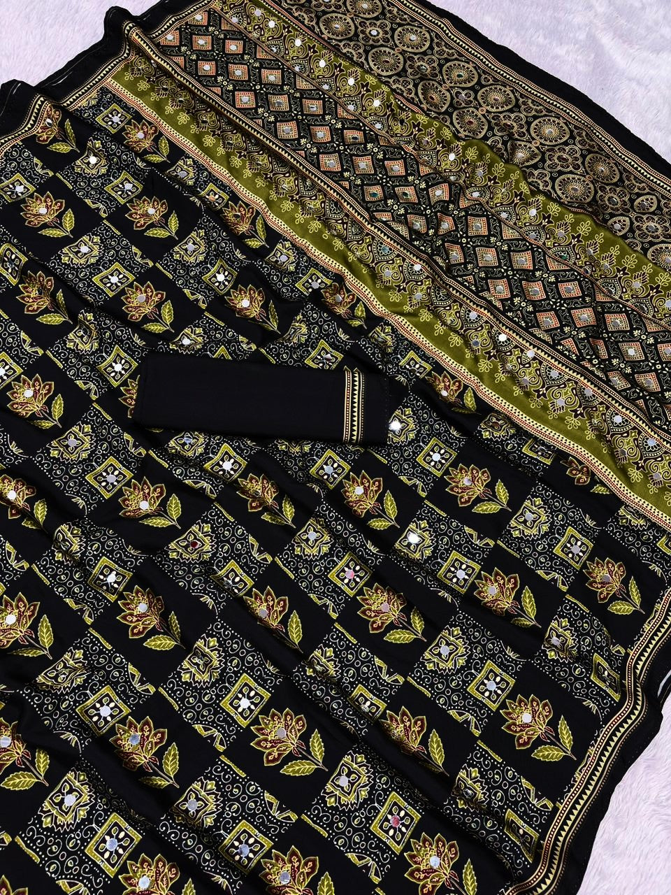 Ajrika Crepe Silk Saree – Black Ajrakh Digital Print with Mirror Work
