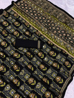 Ajrika Crepe Silk Saree – Black Ajrakh Digital Print with Mirror Work