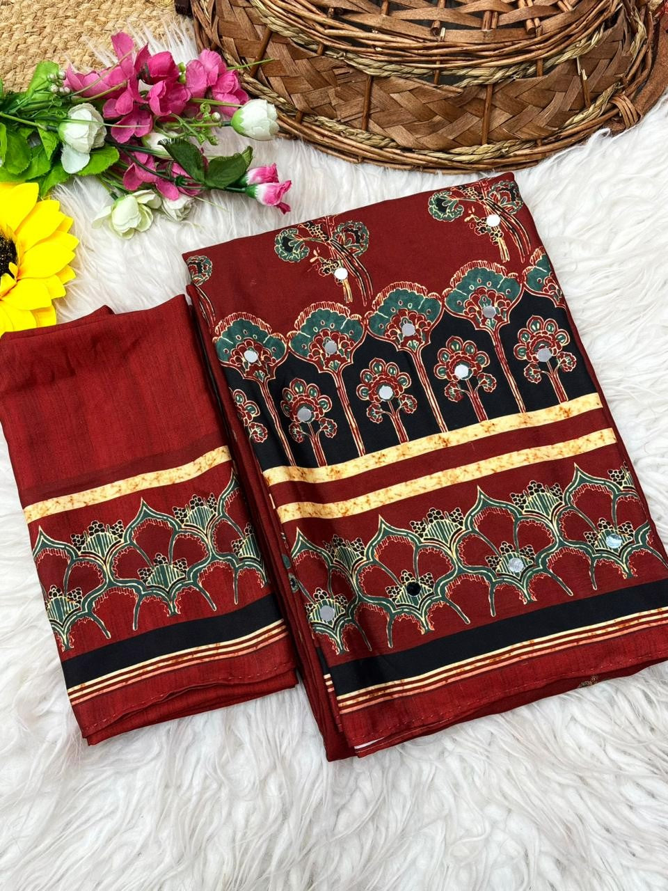 Ajrika Crepe Silk Saree – Maroon Ajrakh Digital Print with Mirror Work