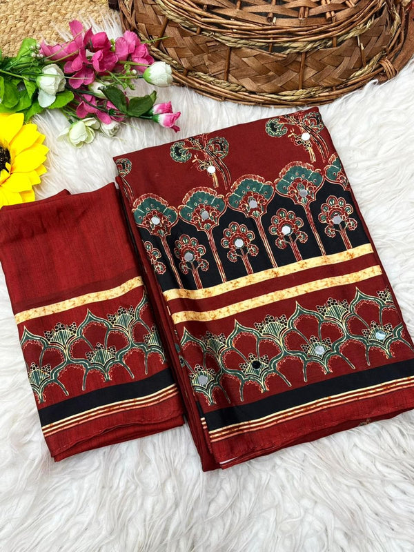 Ajrika Crepe Silk Saree – Maroon Ajrakh Digital Print with Mirror Work
