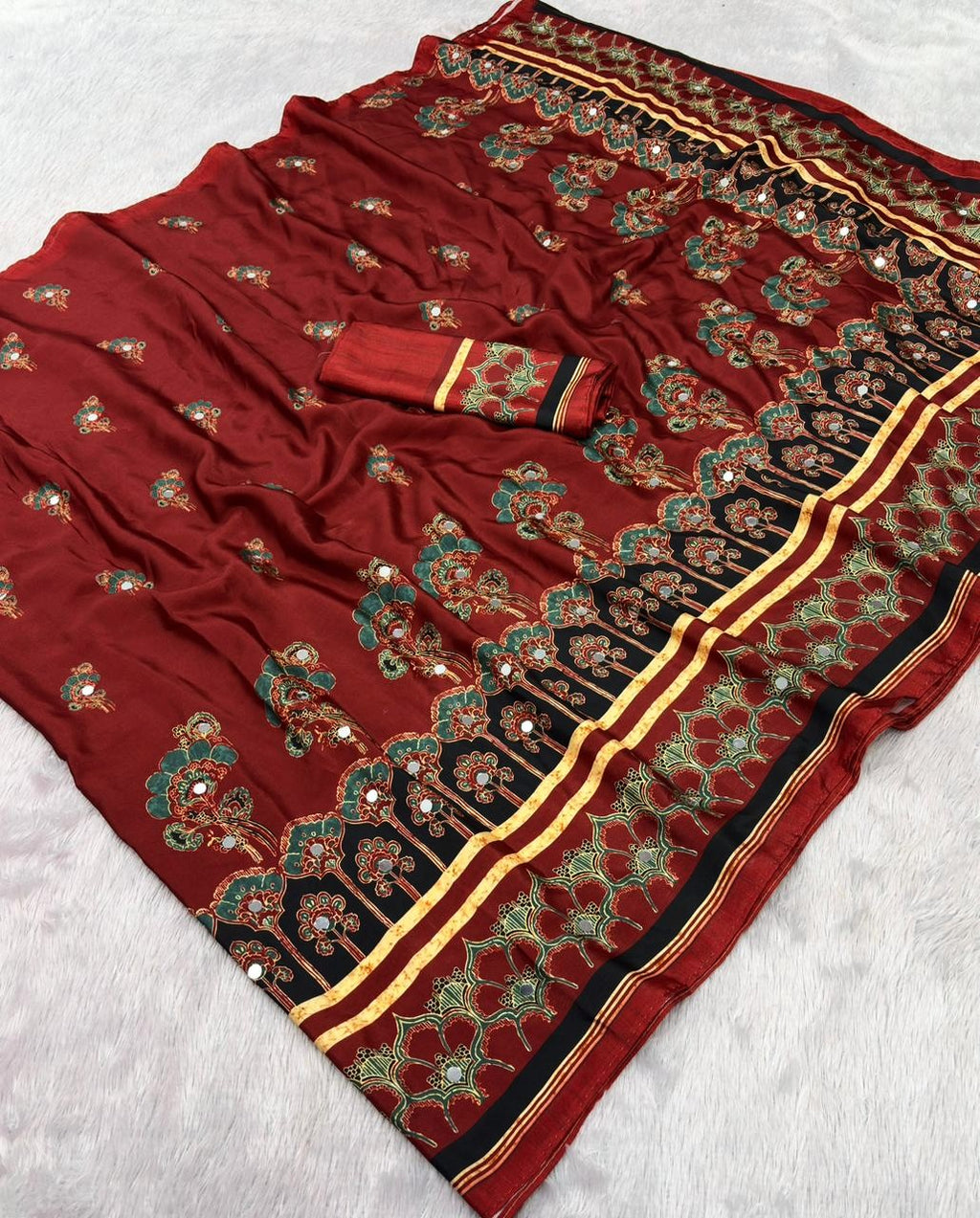 Ajrika Crepe Silk Saree – Maroon Ajrakh Digital Print with Mirror Work