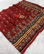Ajrika Crepe Silk Saree – Maroon Ajrakh Digital Print with Mirror Work