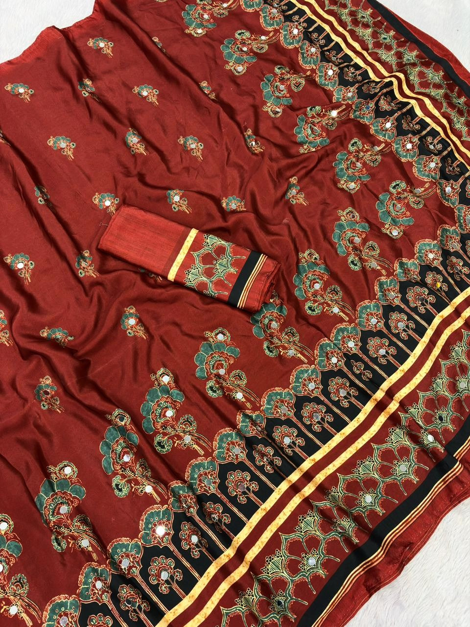 Ajrika Crepe Silk Saree – Maroon Ajrakh Digital Print with Mirror Work