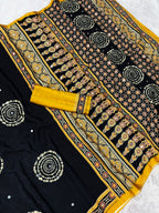 Ajrika Crepe Silk Saree – Black Mustard Ajrakh Digital Print with Mirror Work