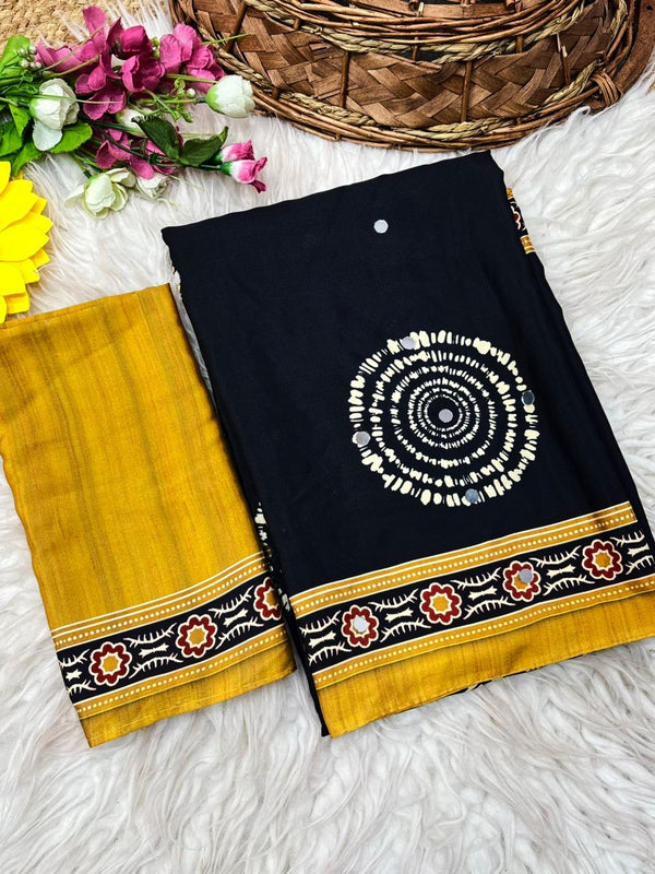 Ajrika Crepe Silk Saree – Black Mustard Ajrakh Digital Print with Mirror Work