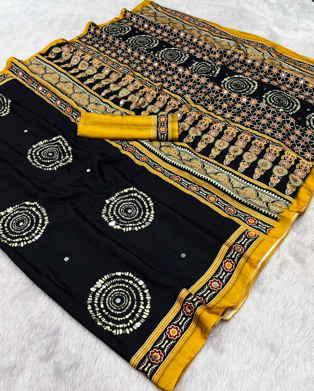 Ajrika Crepe Silk Saree – Black Mustard Ajrakh Digital Print with Mirror Work
