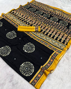 Ajrika Crepe Silk Saree – Black Mustard Ajrakh Digital Print with Mirror Work