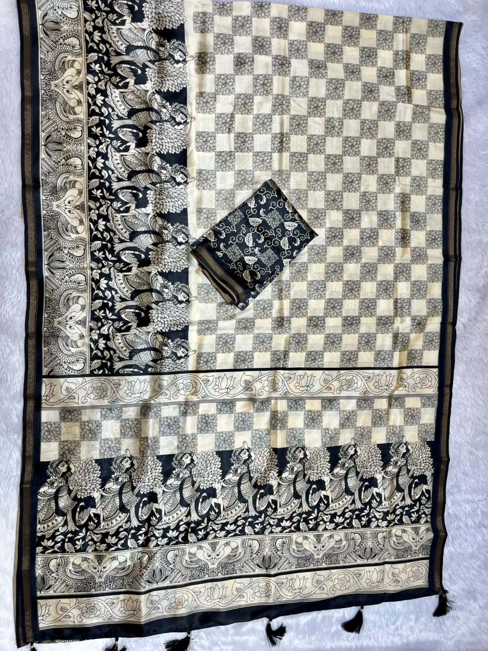 Kalava Art Silk Saree – Cream Black Pen Kalamkari Digital Print