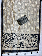 Kalava Art Silk Saree – Cream Black Peacock Pen Kalamkari Digital Print